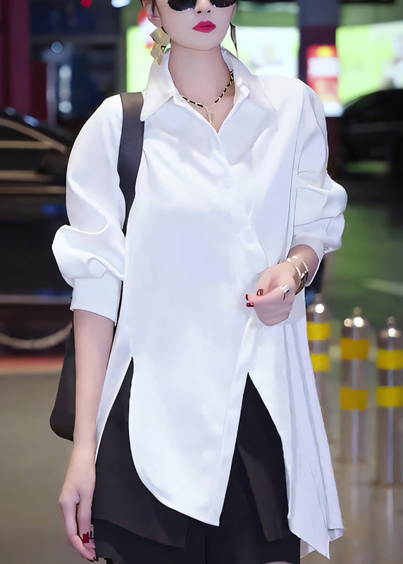 White Asymmetrical Button Cotton Blouses Fall