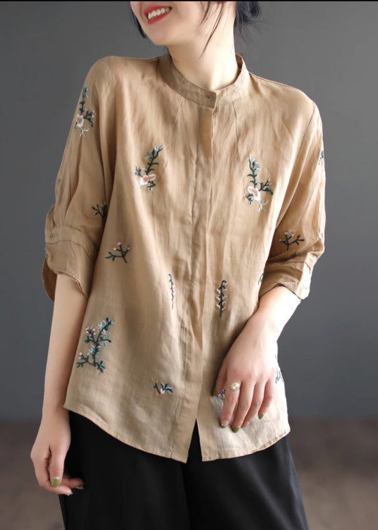 Art Khaki Embroidered Button Ramie Shirt Half Sleeve