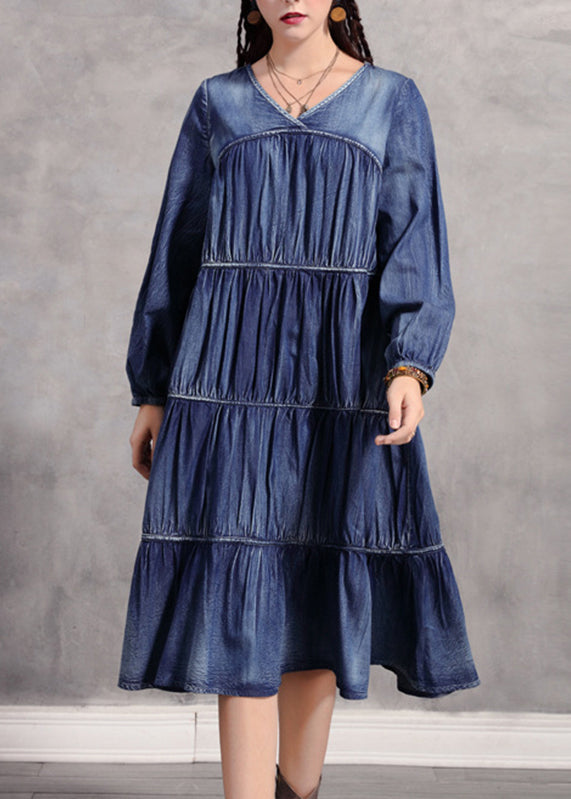 Blue V Neck Wrinkled Patchwork Denim Long Dress Long Sleeve