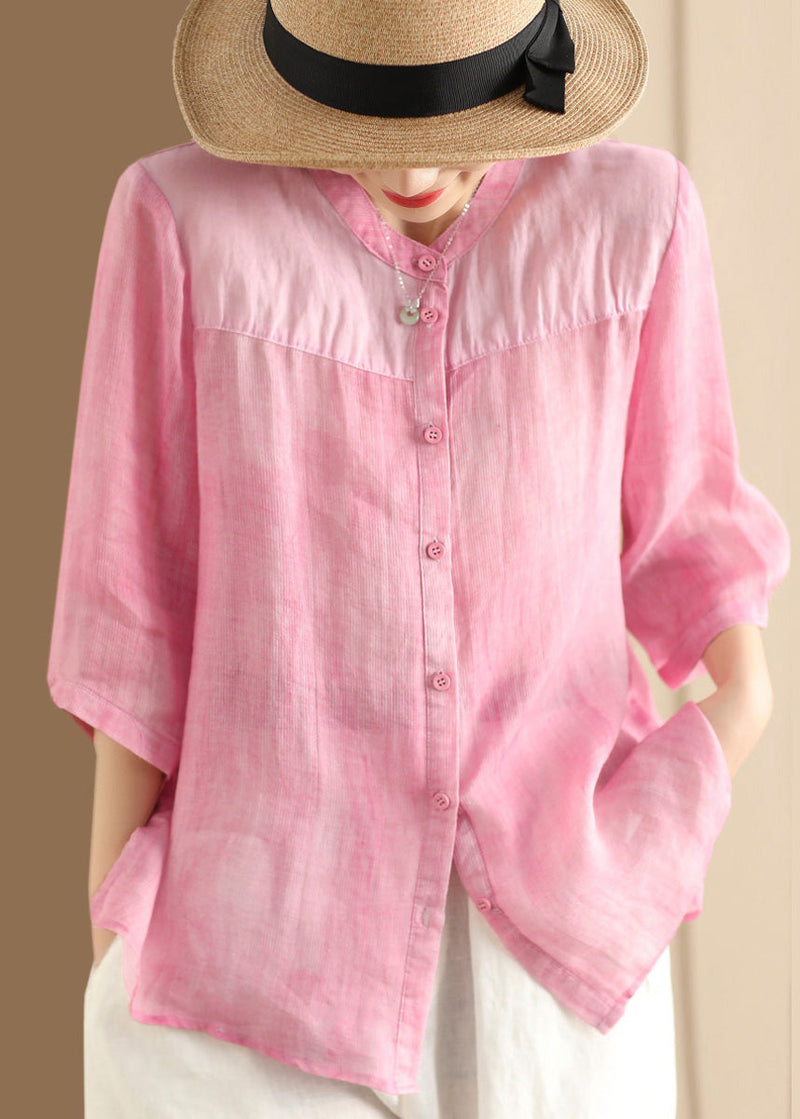 Coffee Stand Collar Button Patchwork Linen Shirts Summer