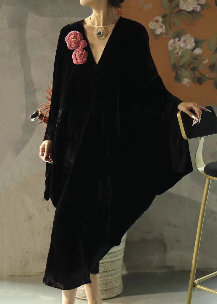 New Orange V Neck Silk Velvet Dress Spring