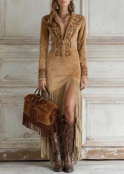 Blue Tassel Patchwork Faux Suede Dresses Spring