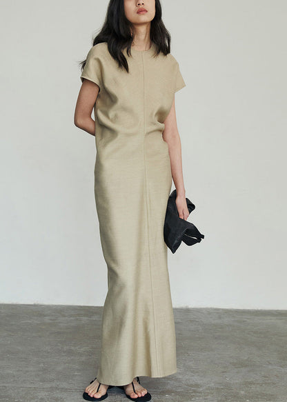 Classy Khaki O Neck Slim Fit Cotton Long Dresses Summer