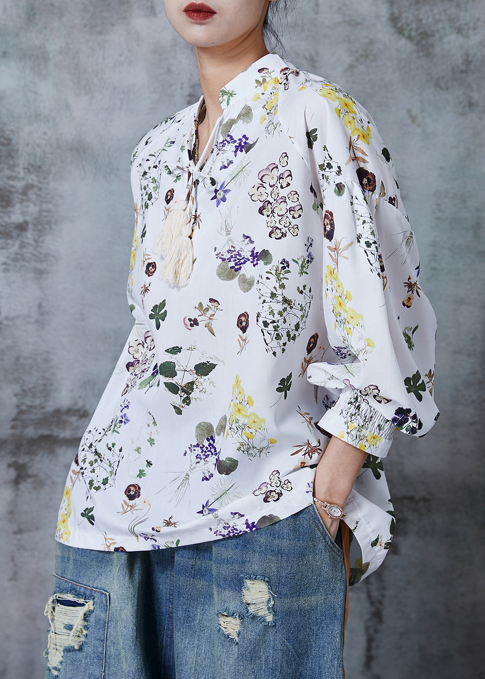 White Print Lace Up Chiffon Shirts Summer