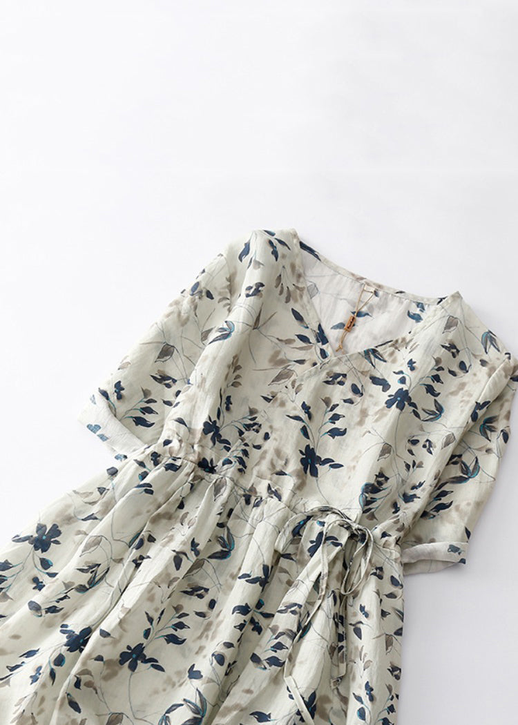 Light Grey Print Lace Up Cotton Dresses Summer