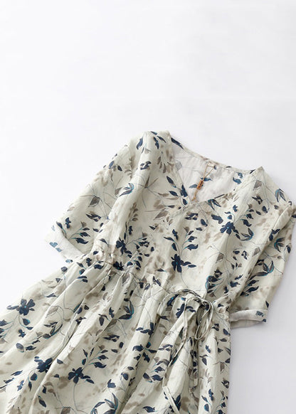 Light Grey Print Lace Up Cotton Dresses Summer