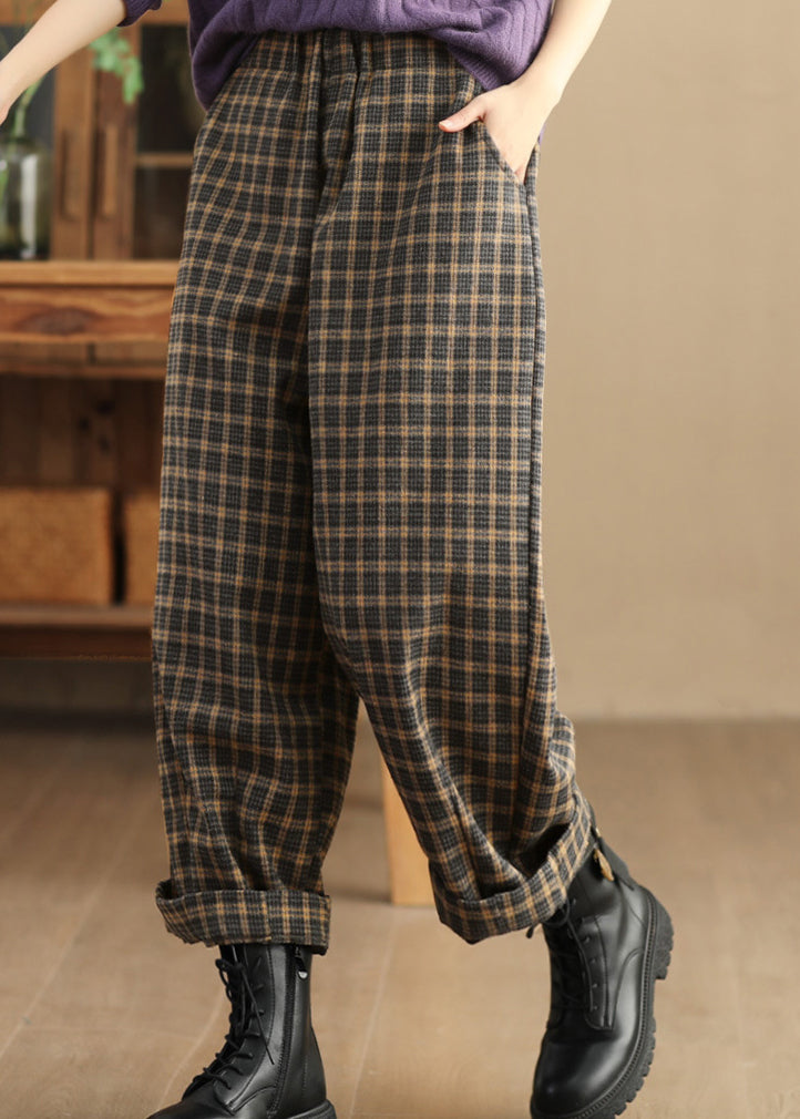 Pockets Plaid Elastic Waist Warm Fleece Trousers Spring