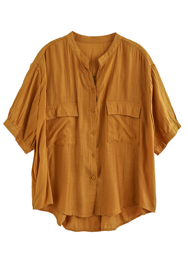 Italian Yellow V Neck Patchwork Button Cotton Shirt Short Sleeve