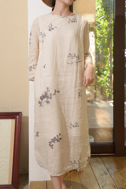Summer Twill Ramie Print Dress Disc Button Cotton Linen Dress