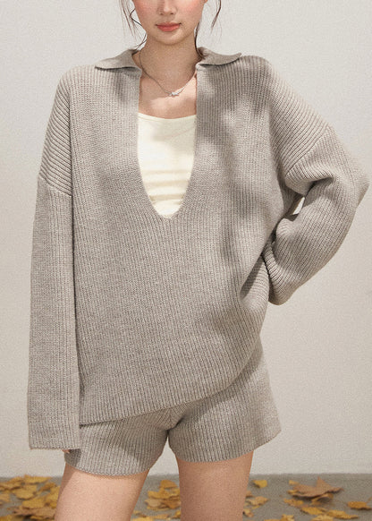 Light Grey Knit Cozy Two Pieces Set Deep-v Neck Fall