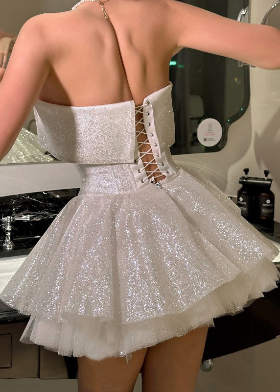 White Slash Neck Lace Up Patchwork Party Dress Sleeveless