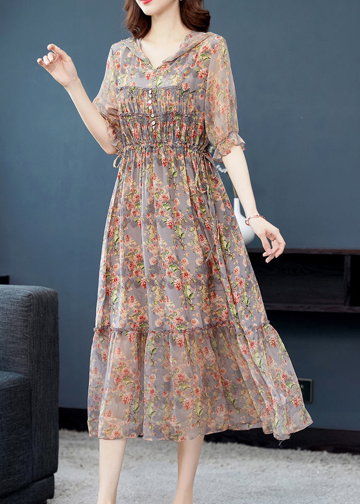 Grey Ruffled Print Patchwork Silk Long Dresses Summer