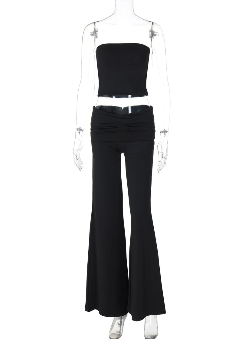 Black Strapless Top and Flared Trousers Two Pieces Set Summer