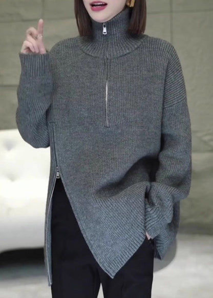 Grey Zip Up Asymmetrical Loose Knit Sweaters Spring