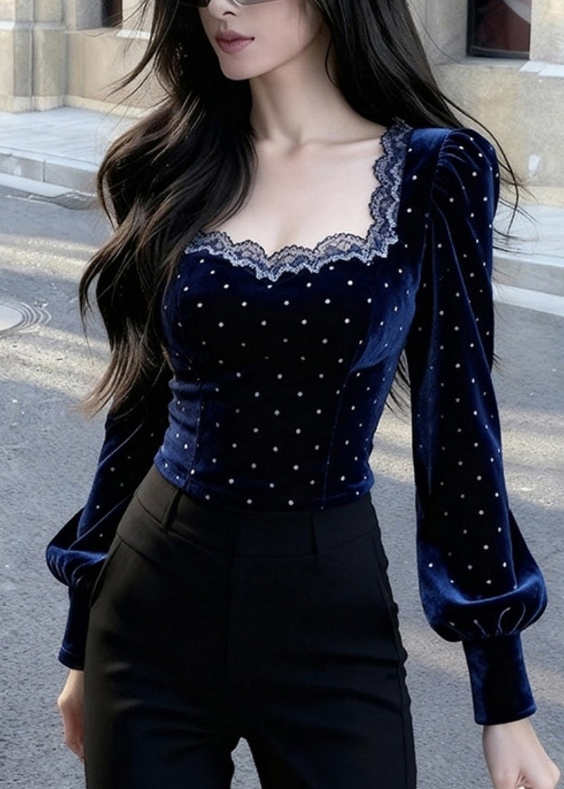 Blue Square Collar Lace Patchwork Silk Velour Tops Spring