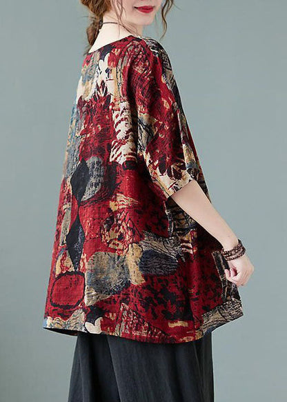 Red O Neck Print Patchwork Cotton T Shirt Summer