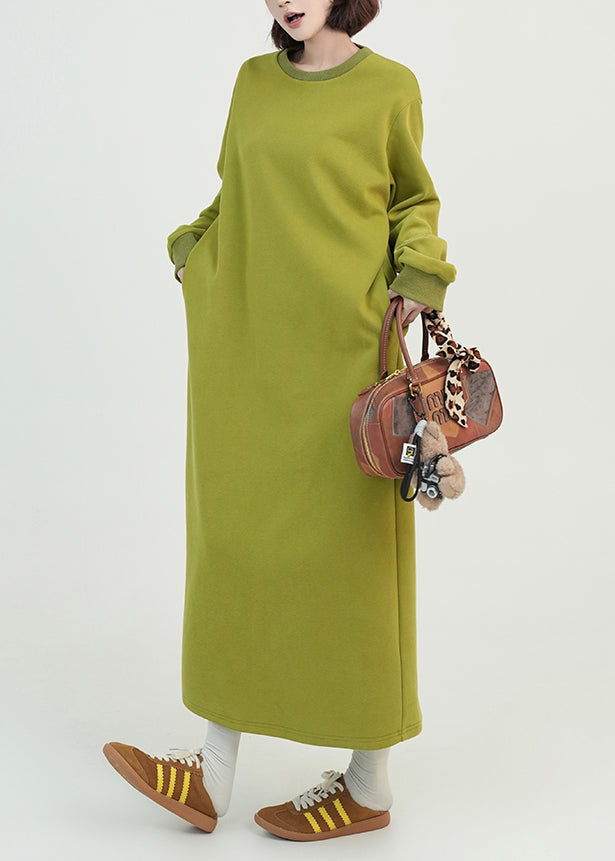 Green O Neck Long Cotton Straight Dress Fall
