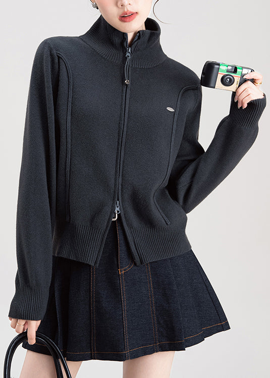Dark Grey Zip Up High Neck Knit Sweaters Coat Fall