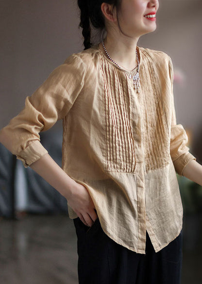 Modern Light Yellow Wrinkled Linen Shirts Long Sleeve