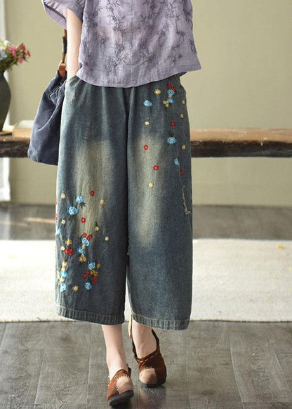 Comfy Dark Color Embroidered Hole Wide Leg Denim Pants