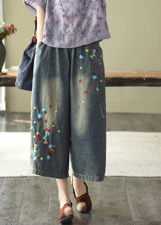 Comfy Dark Color Embroidered Hole Wide Leg Denim Pants