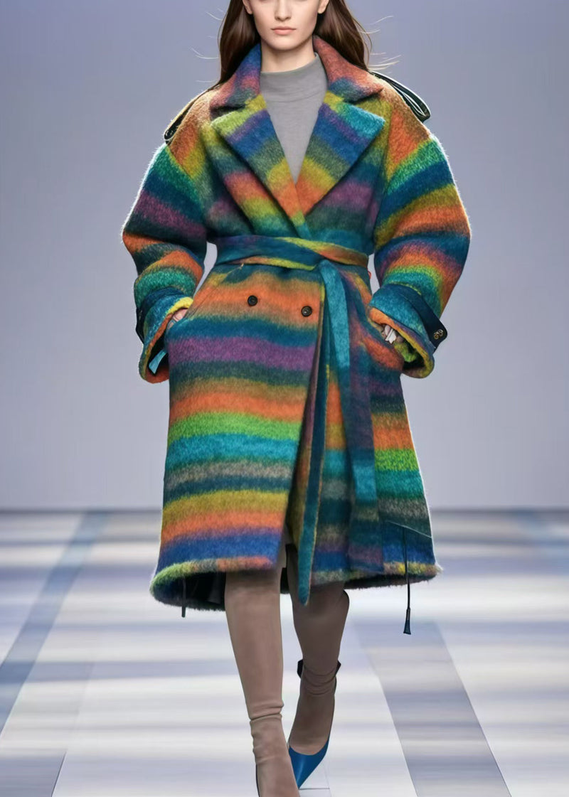 Rainbow Striped Double Breast Thick Woolen Trench Fall