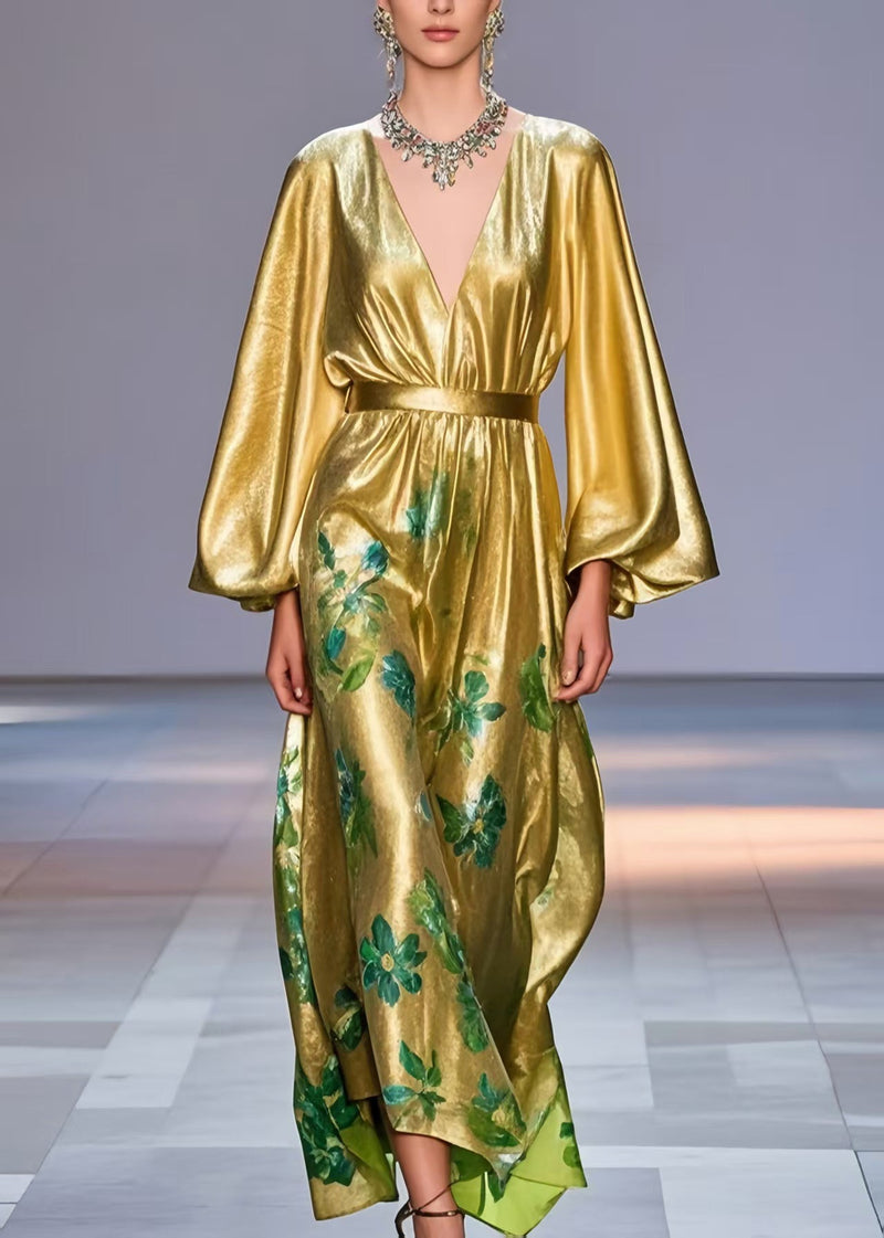 Golden Cinched Print Silk Party Dress Lantern Sleeve