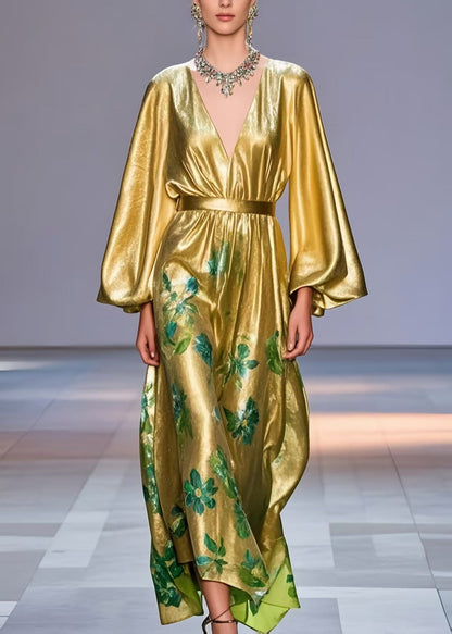 Golden Cinched Print Silk Party Dress Lantern Sleeve