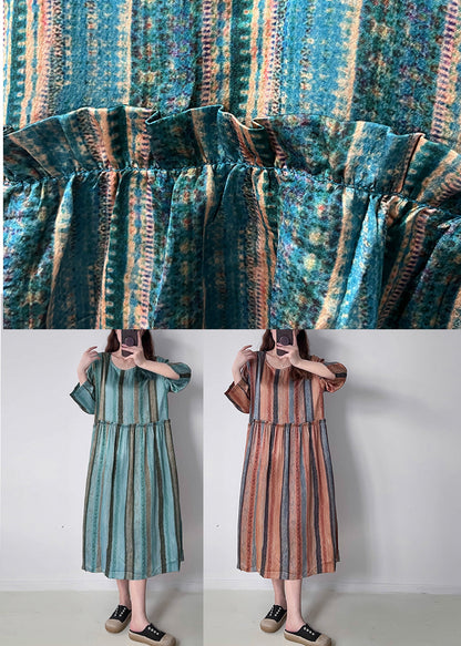 Green O-neck Ruffled Wrinkled Silk Cotto Maxi Dress Spring
