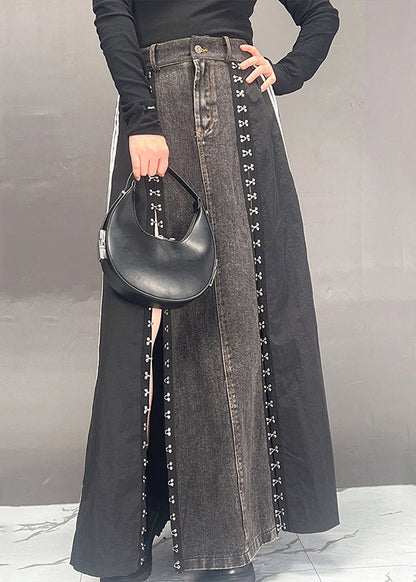 Dark Grey Patchwork Side Open Denim Skirts Fall