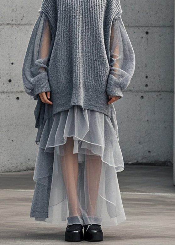 Grey Oversized Patchwork Tulle Sweater Dress Fall