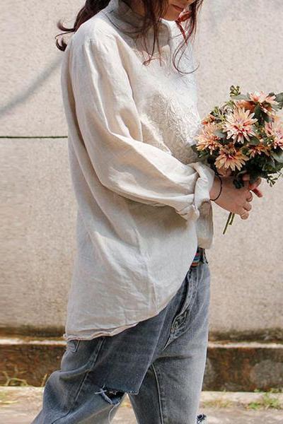 Limited Stock- Retro Embroidered Loose 100% Linen Shirt