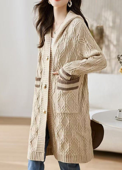 Classy Beige Hooded Pockets Knit Loose Cardigan Fall