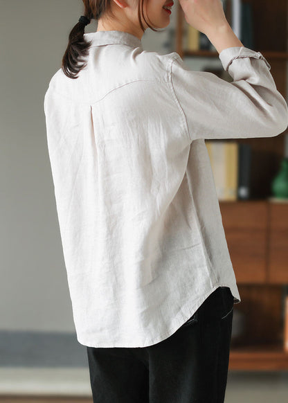 Beige Peter Pan Collar Patchwork Linen Shirt Tops Spring