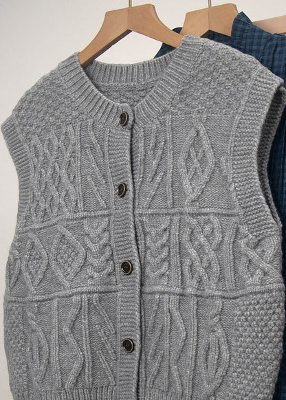 Grey O Neck Button Knit Vest Tops Sleeveless