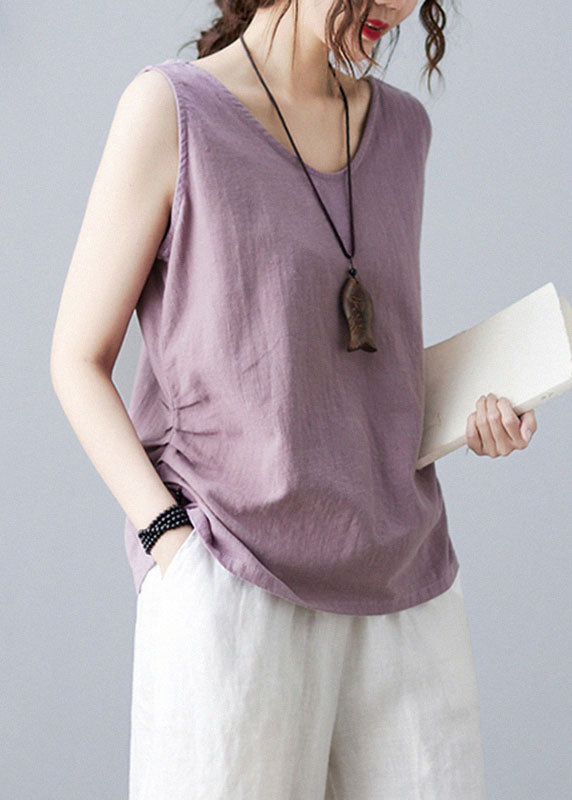 Purple V Neck Wrinkled Color Linen Vests Sleeveless