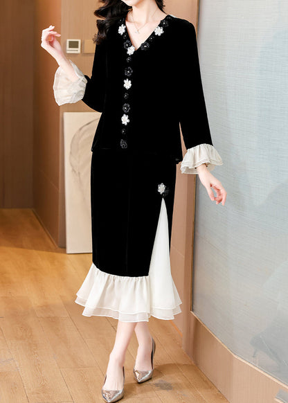 Black V Neck Patchwork Tops and Skirts Silk Velvet Two Pieces Set Butterfly Sleeve