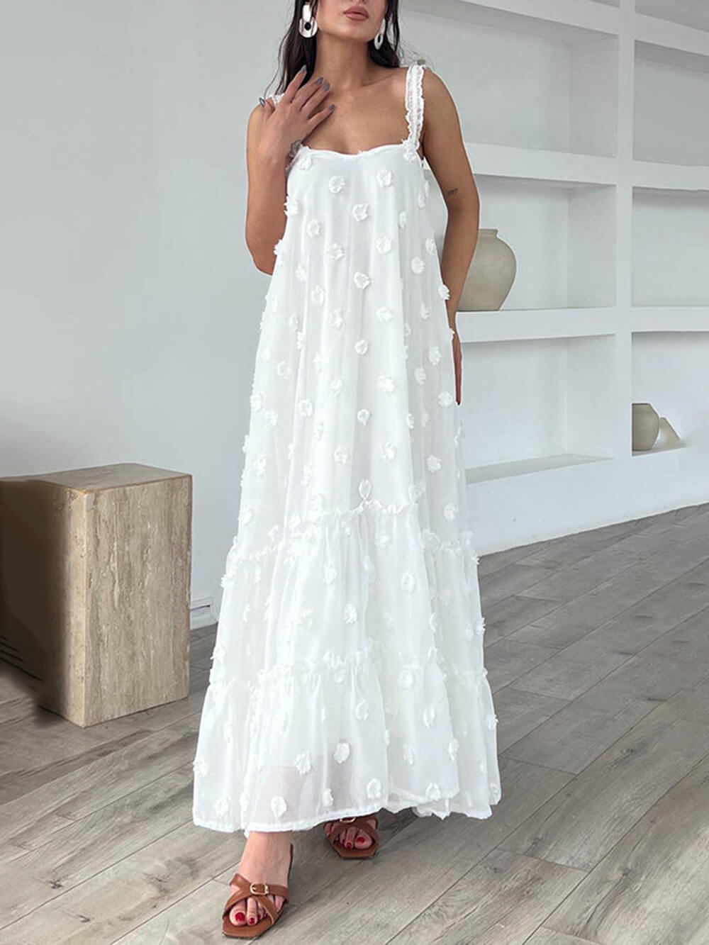 Flower Decor A-line Layered Loose Maxi Dress