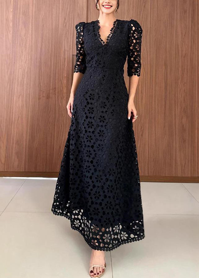 New White V Neck Hollow Out Lace Long Dresses Summer