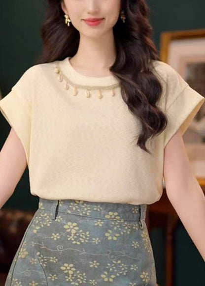 Simple Apricot O Neck Cotton T Shirts Summer