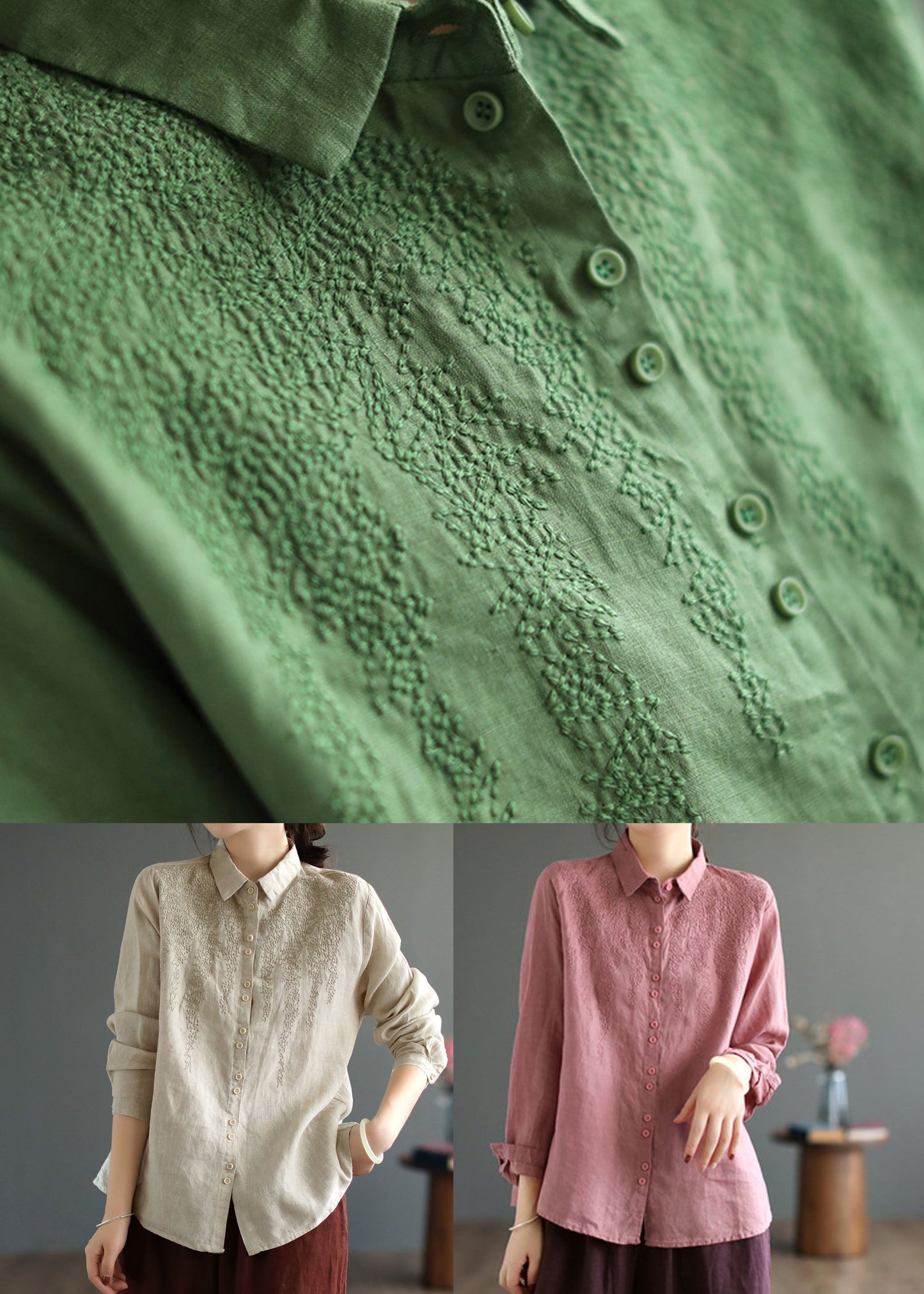 Green Oversized Linen Top Peter Pan Collar Embroidered Spring