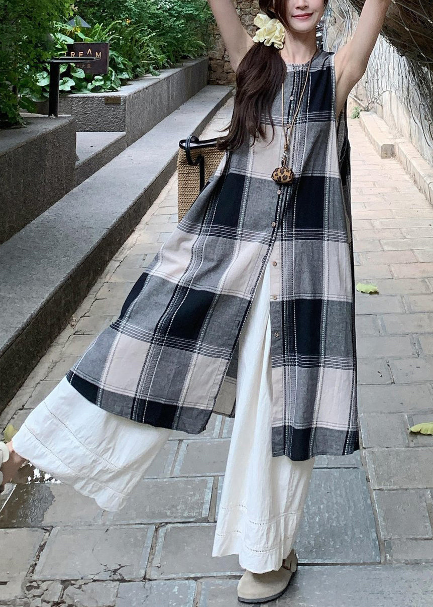 Loose Plaid Shirts Dress and White Wide Leg Pants Cotton Two Pieces Set Sleeveless