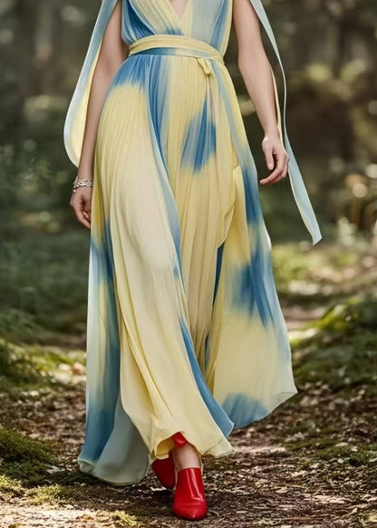 Light Yellow Tie Dye Exra Large Hem Chiffon Summer Dress