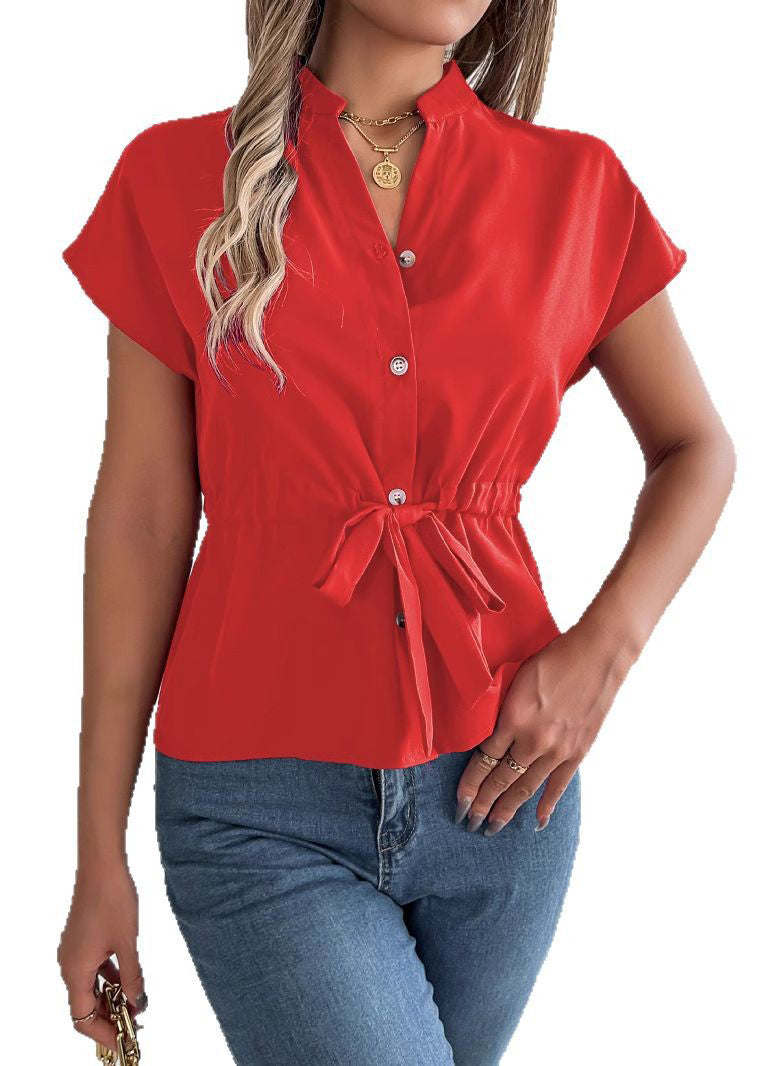 Fitted Blue V Neck Lace Up Chiffon Shirt Tops Summer