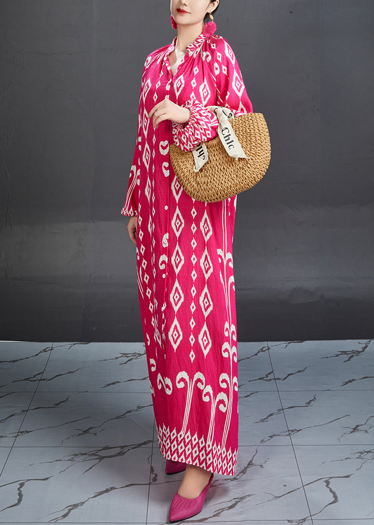 Rose Stand Collar Print Cotton Blouses Dresses Fall