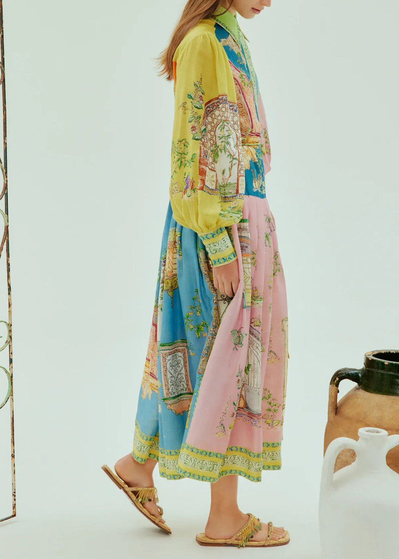 Lantern Sleeve Graffiti Printed Wrinkled Lace Up Dress