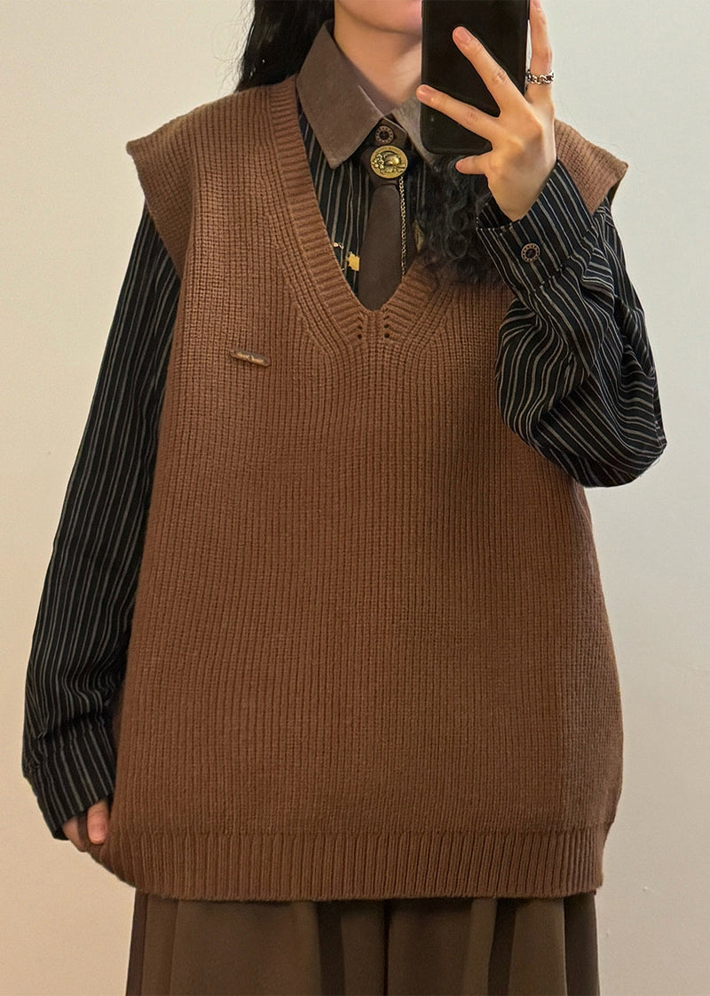 Simple Coffee V Neck Knit Vest Sleeveless