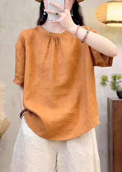 Simple Yellow O Neck Cotton Shirt Summer