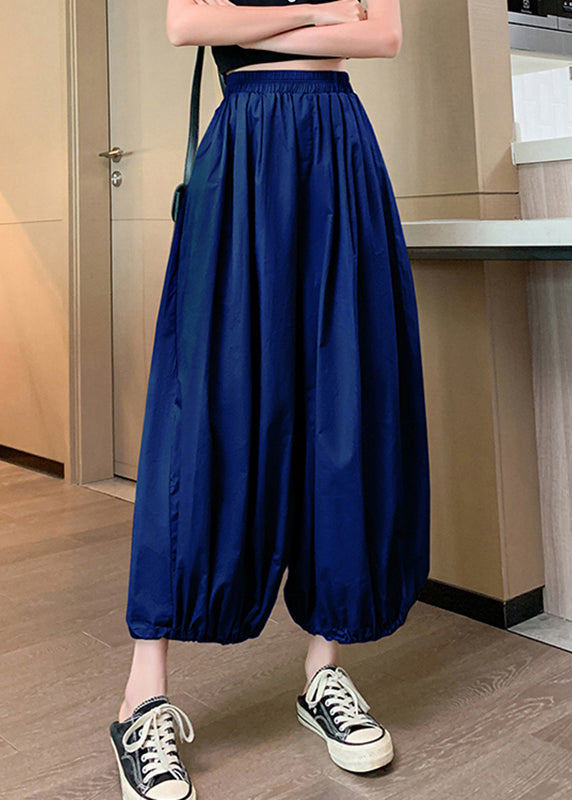 Blue Pockets Elastic Waist Crop Pants Summer