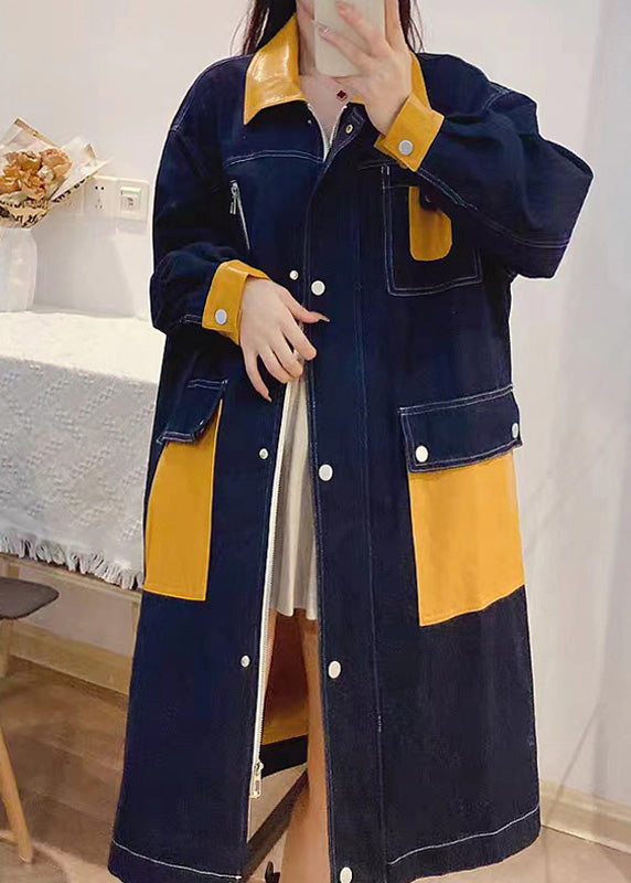 Denim Blue Peter Pan Collar Patchwork Zippered Button Linen Long Trench Coats Fall